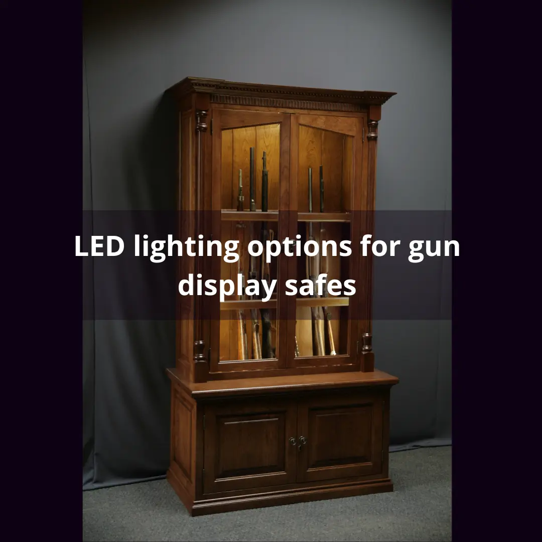 LED-lit wooden gun display safe showcasing various firearms, emphasizing design and security features.