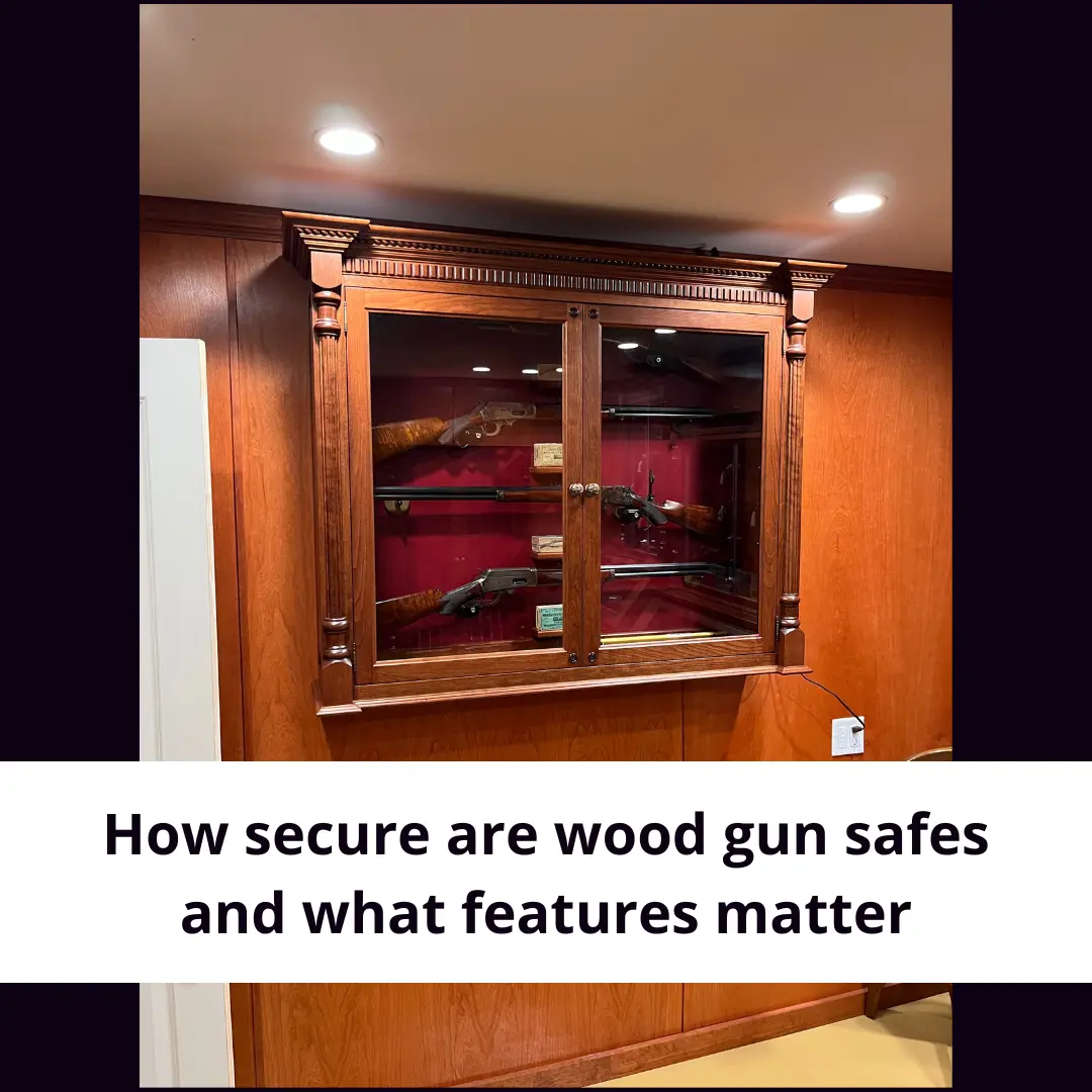 Wood gun safe with glass doors displaying firearms and LED lighting, emphasizing security features and aesthetics.