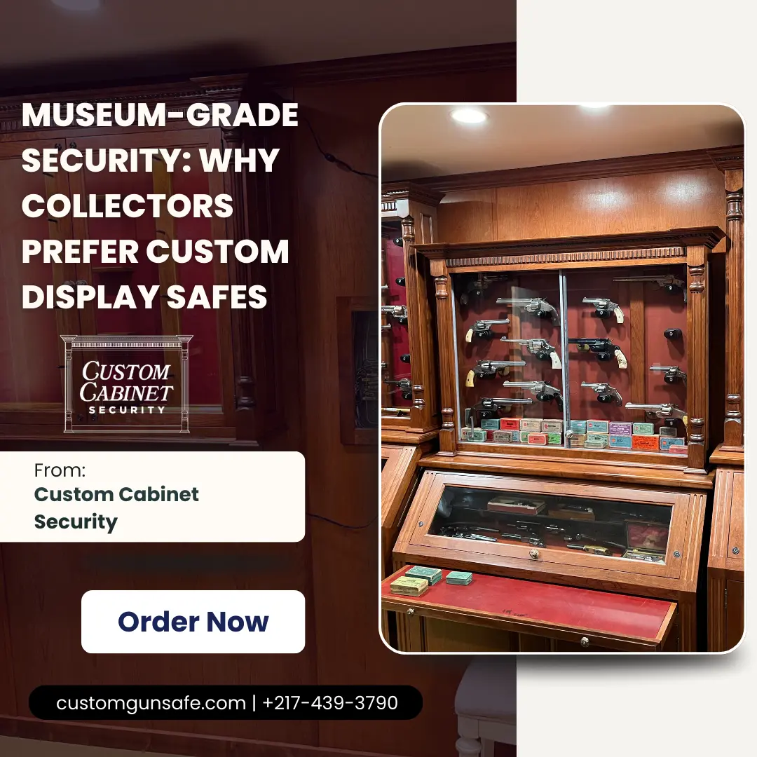 Museum-grade custom display safe showcasing various handguns and ammunition, emphasizing security and aesthetics for firearm collectors.