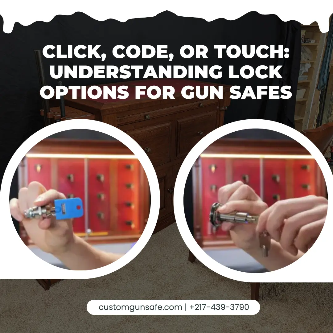 Hands demonstrating lock options for gun safes, featuring a blue key and a key mechanism, with a wooden cabinet backdrop, emphasizing security features in custom gun safe designs.