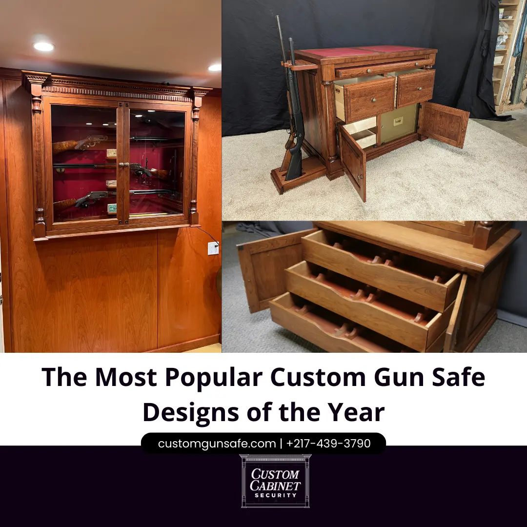 Custom gun safe designs featuring a wooden display case for firearms, a secure storage unit with drawers, and a rifle stand, emphasizing aesthetics and functionality for firearm collectors.