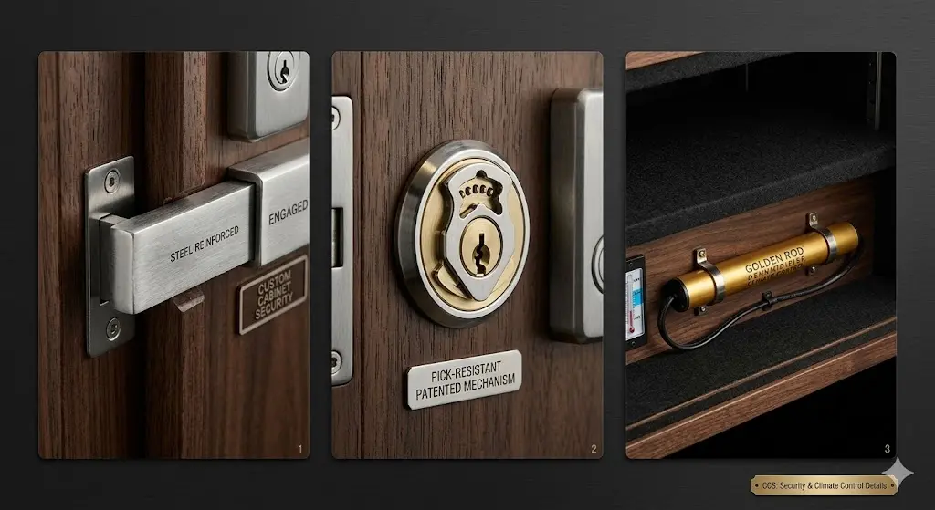 Close-up detail photography sequence (three panels side by side): (1) the steel-reinforced locking bar engaged on a Custom Cabinet Security cabinet door, (2) the pick-resistant key lock, and (3) the Golden Rod dehumidifier installed in the lower compartment. Clean, product-quality lighting on a dark background.